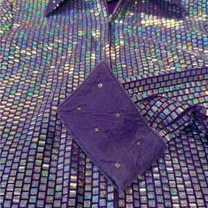 SILVER MESA VTG Purple Shirt leather trimmed sequins sz L women’s zip stretch